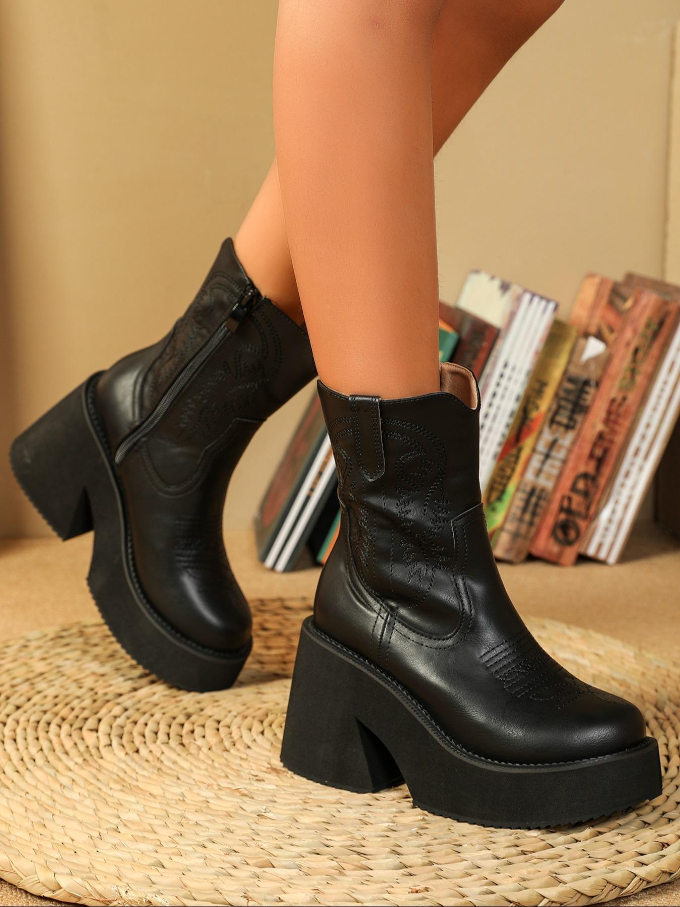Women's Fashionable Embroidered Design Wedge Boots, Elegant Round Toe Mid-calf Boots, Casual Comfortable Platform Shoes for Daily Wear, Western Embroidered Boots
