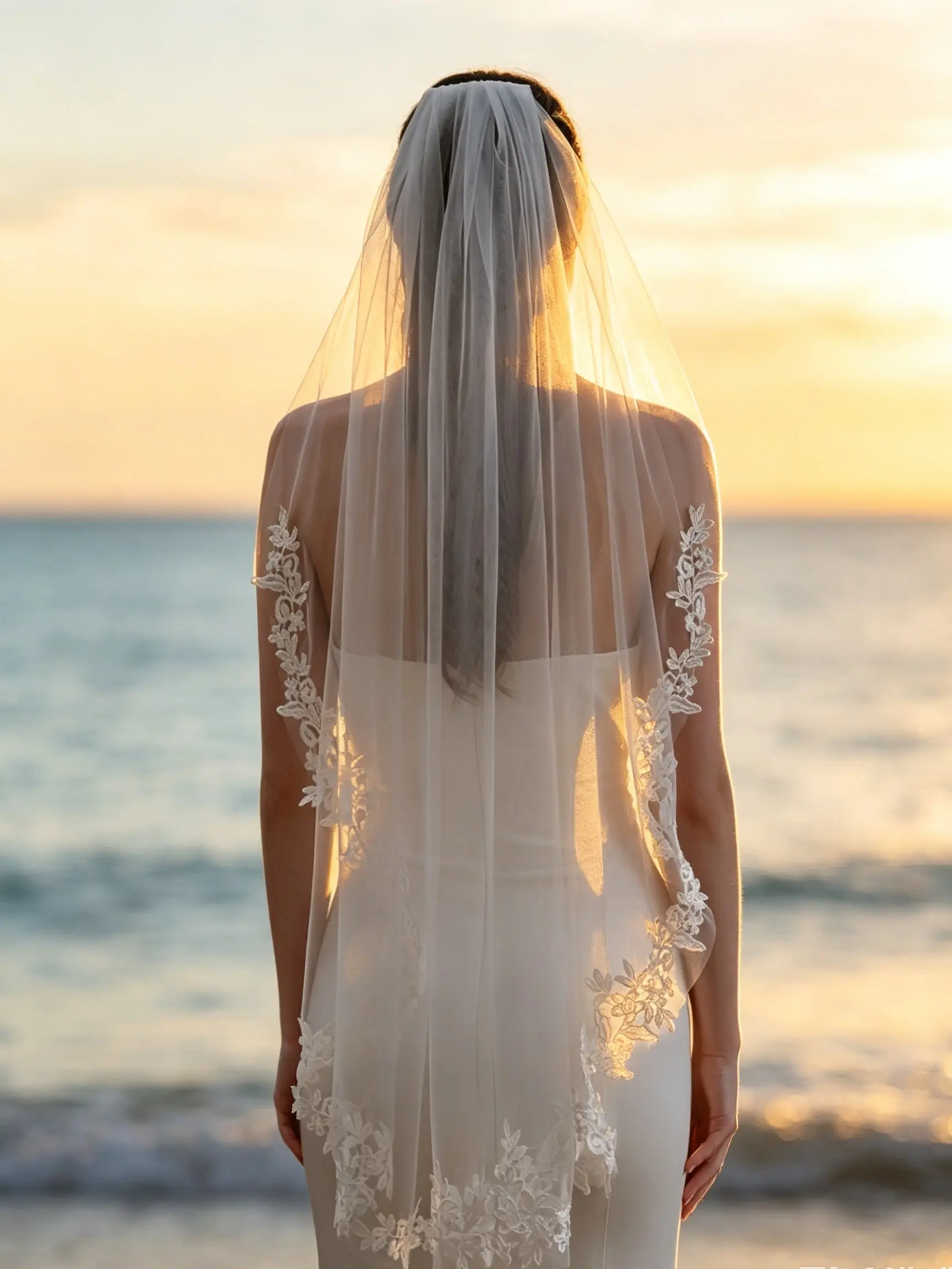 1 Meter Elegant Single Layer Lace Wedding Veil, Asymmetric Floral Lace Trim Soft Tulle Bride Veil, Ivory Color Bridal Accessory, Wedding Veils For Brides