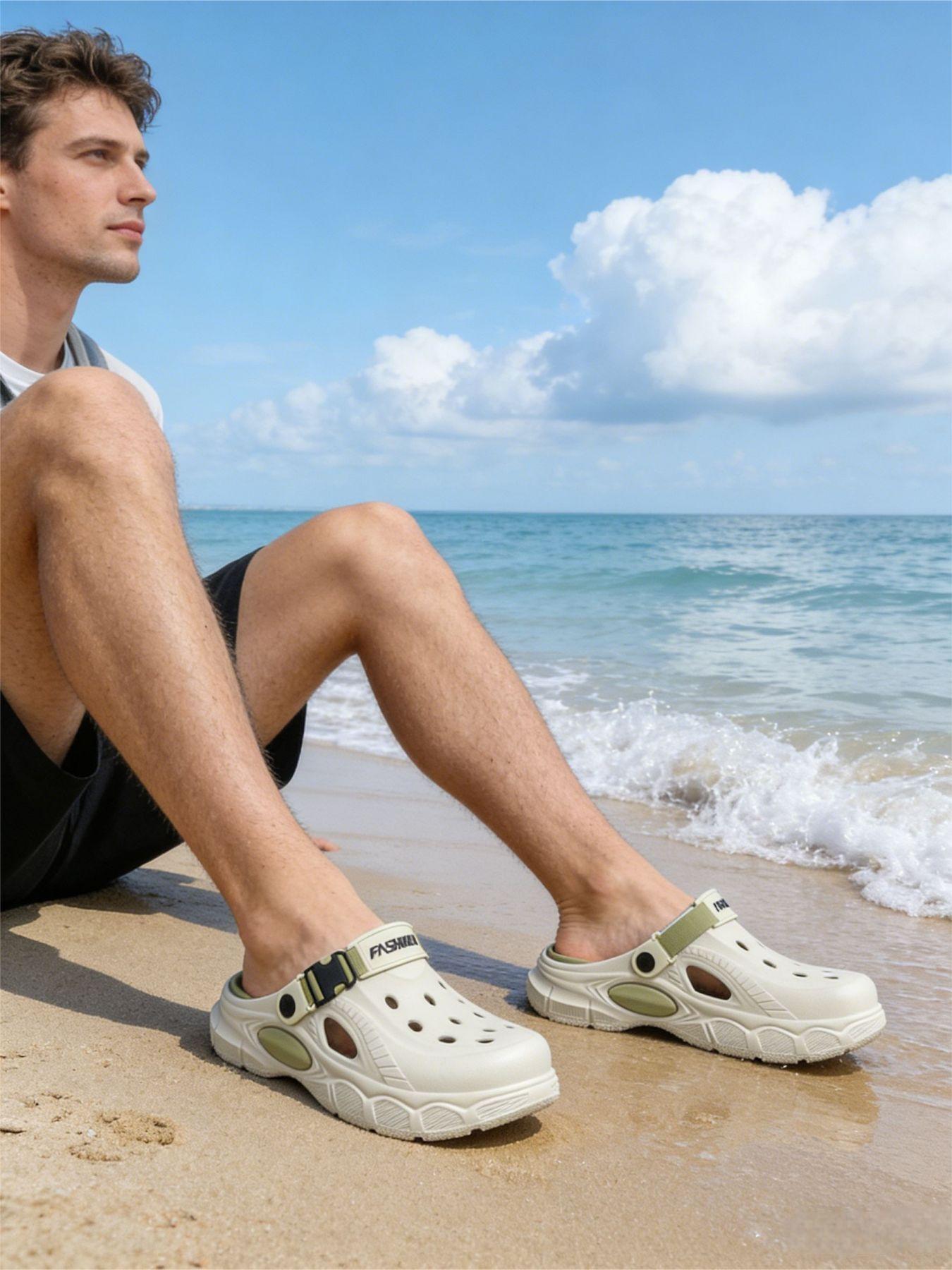 Trendy men's two-tone hole shoes with non-slip soles, quick-drying beach hole shoes, essential for summer seaside vacations and water activities