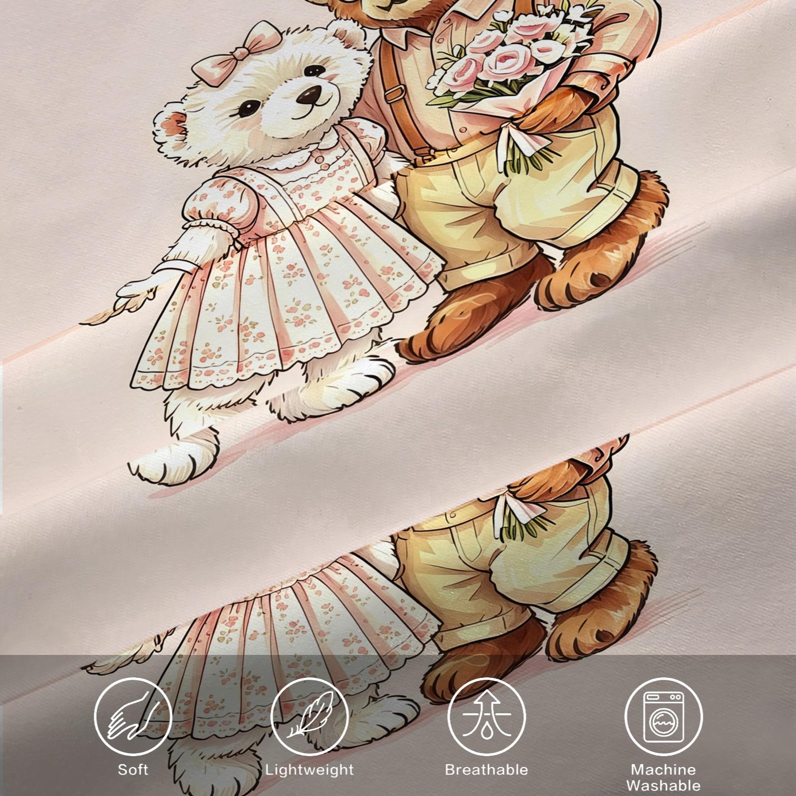 Casual Couple Bear Fitted Sheet Set, Soft Skin-Friendly, 3 Pieces (1 Fitted Sheet + 2 Pillowcases), Deep Pocket, Cute Bear Print, Pink Bedding for Girls Teens Bedroom, Aesthetic Room Decor, All Seasons