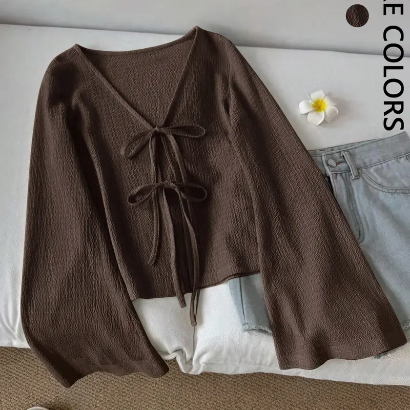 Women V‑Neck Tie Front Crop Top, Flare Long Sleeve Textured Blouse, Casual Cropped Cardigan Shirt for Layering Daily Vacation Going‑Out Outfits