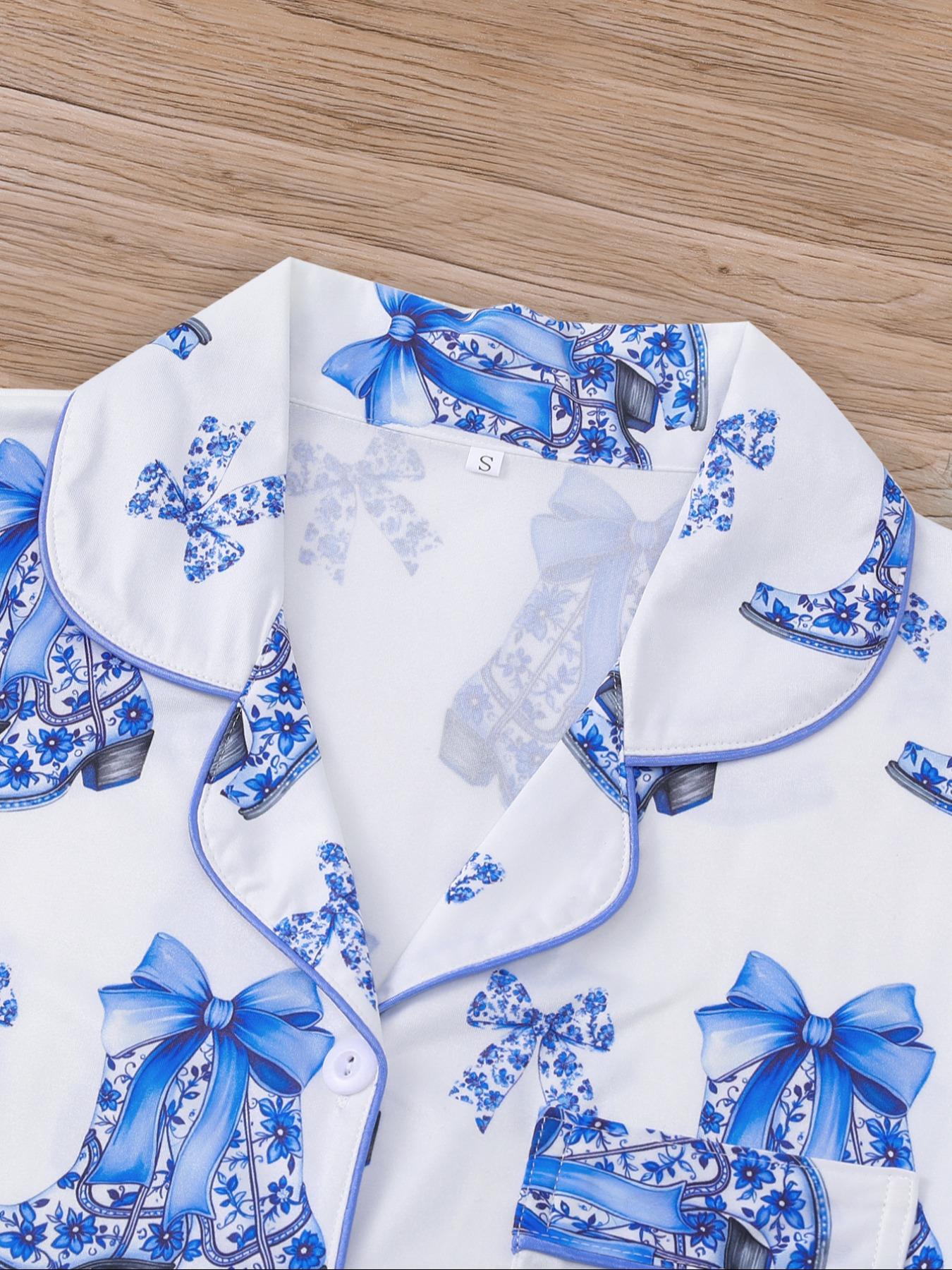 Women's All Over Print Button Front Shirt & Elastic Waist Shorts Pyjama Two-piece Set, Casual Comfy Short Sleeve Top & Shorts PJ Set, Ladies Sleepwear for All Seasons, Cute Pajama Sets