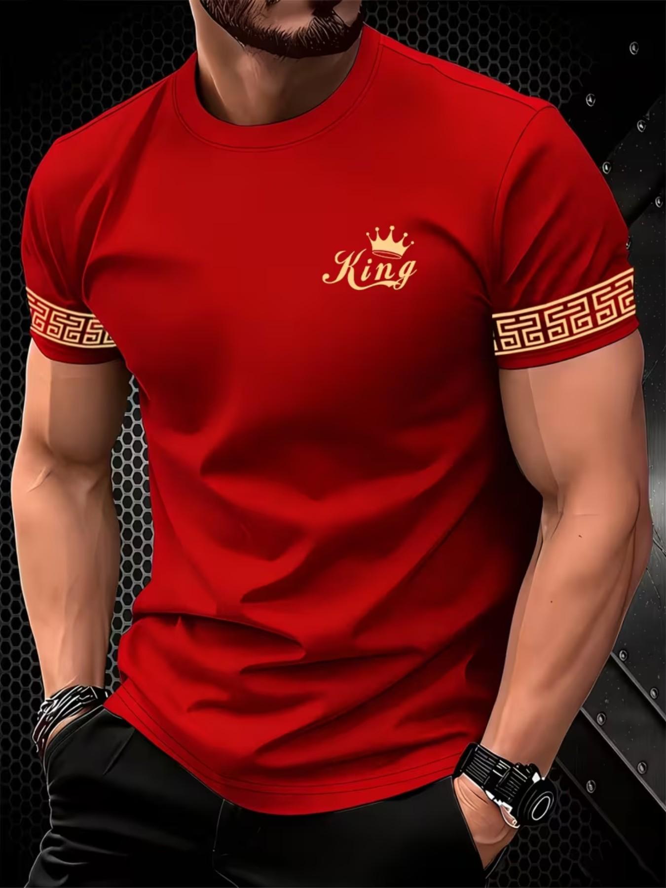 Men's Gold Casual T-Shirt, King Crown & Arm Pattern, Luxury Style, Comfortable for Home/leisure, Slim-Fitting, All over Print