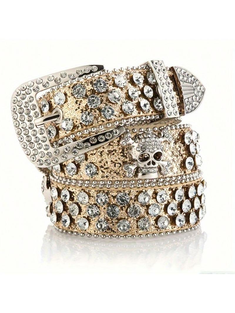 Sparkling Rhinestone Skull Belt, Hip Hop Punk Black Wide Belt, Unisex Rhinestone Rivet Belt, Punk Style Belt