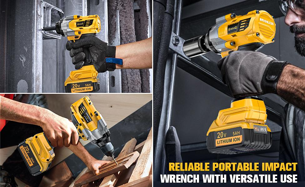 1000FT-LBS (1300N.m) Cordless Impact Wrench 1/2" with 1or2*Battery, Brushless Impact Gun with 6 Sockets, 2100RPM for Car & Truck