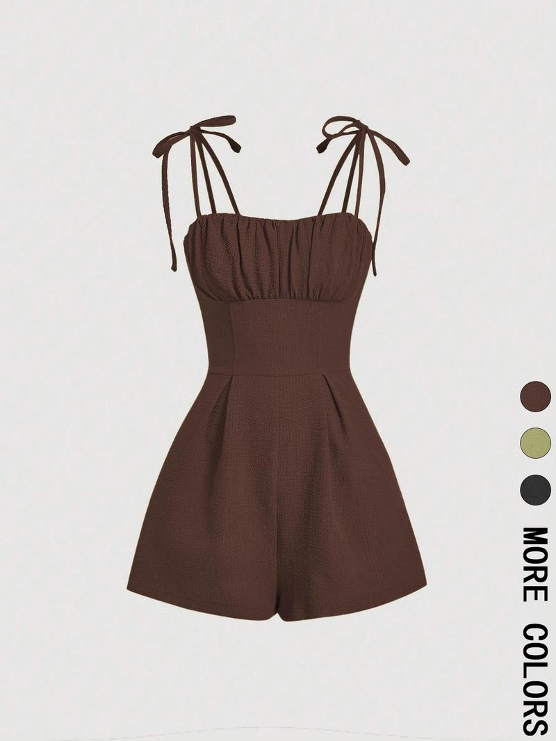 Women's Plain Tie Shoulder Romper, Casual Sleeveless Zipper Romper for Summer, Women's Clothes for Daily Wear