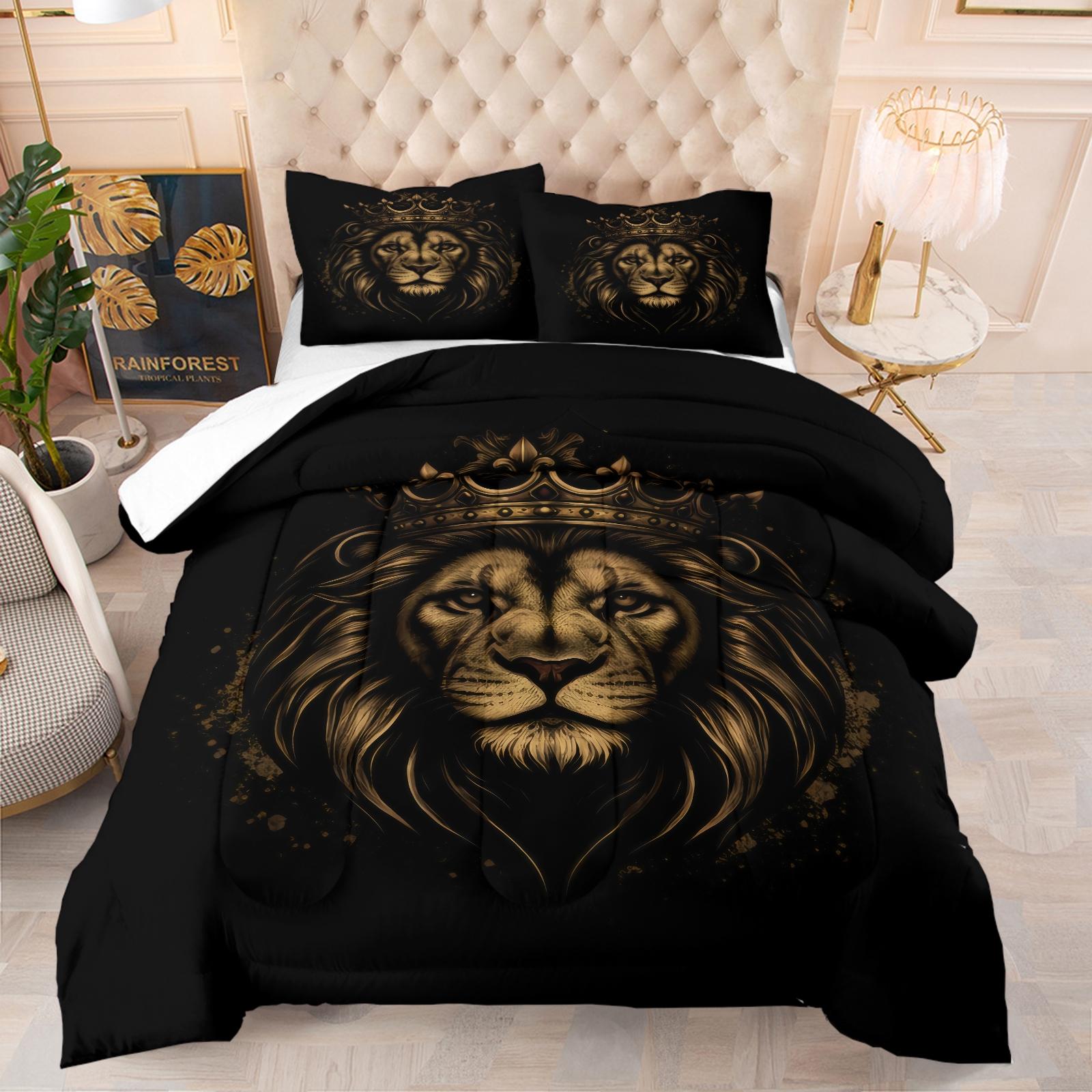 Lion Crown Pattern Comforter Set, Soft And Durable Bedding Set, Including 1 Comforter And 1 Or 2 Pillowcases, Suitable For Children And Adults Daily Holiday Birthday Gifts Bedroom Decorations