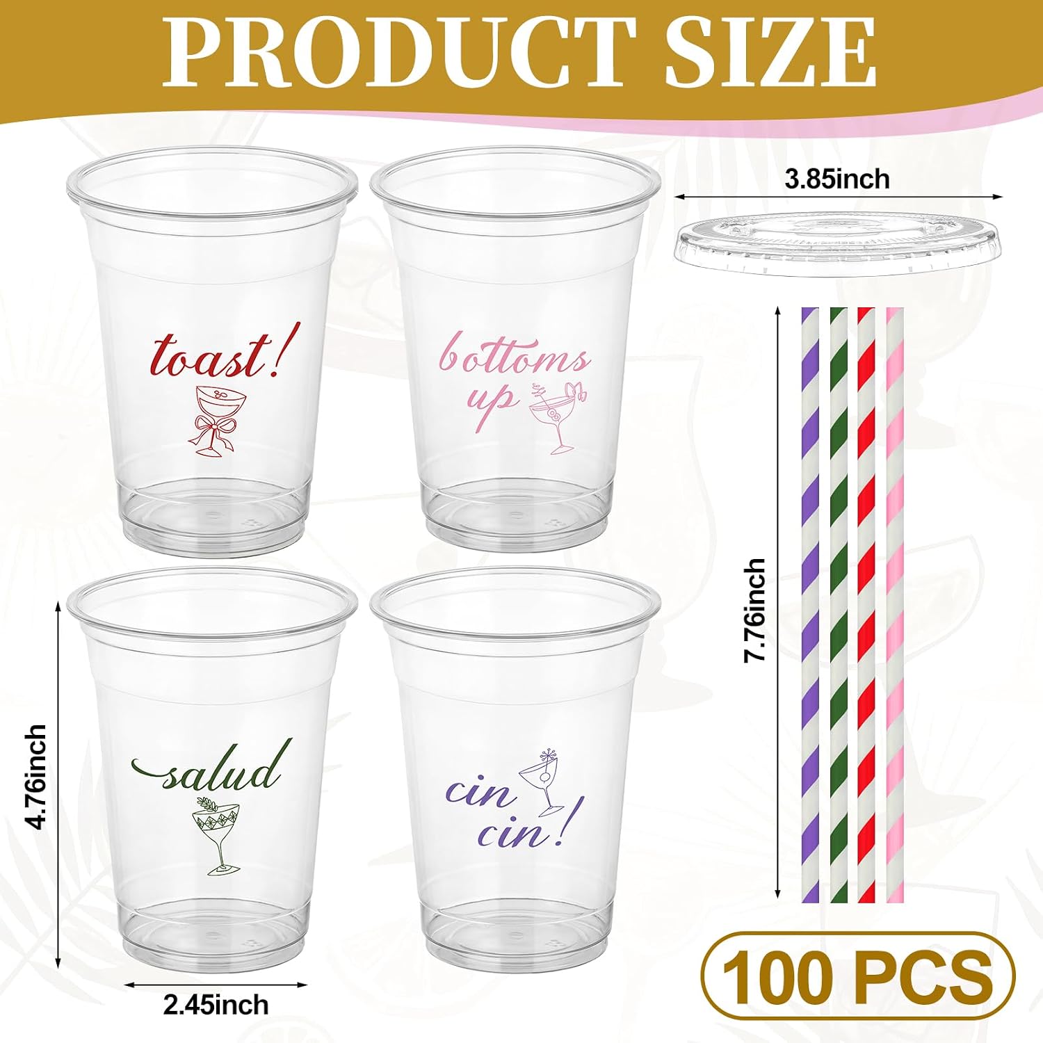 100 Pack 12oz Clear Disposable Plastic Cheers  Cups with  & Paper Straws, Happy Birthday Wedding Party Cups for  Smoothie Milkshake Cold Juice Beverage
