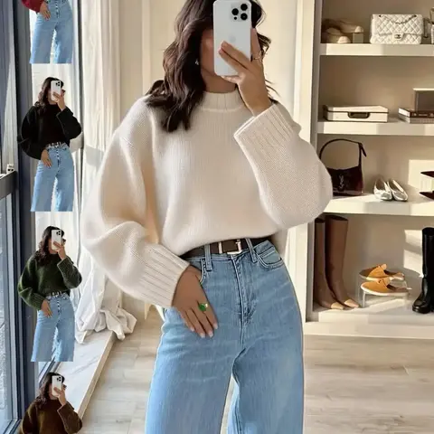 Women's Vintage Knit Sweater Fall Winter New Round Neck Loose Fit Casual Soft Comfortable Top, Elegant High-End Slimming Design, Knitwear
