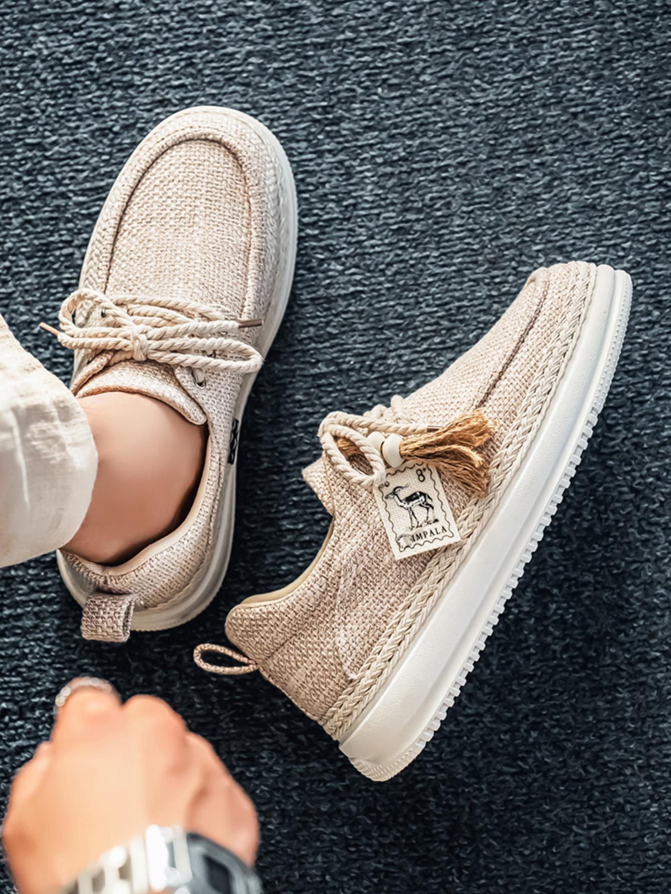 New Summer Men's Cotton Linen Shoes, Breathable Non-Stuffy, Straw Trim Fringe Design, Casual Retro Style, Perfect for Daily Wear