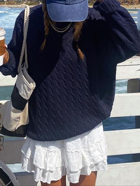 Women's Casual Round Neck Sweater, Plain Color Fitted Knitwear for Fall Season, Daily Commuting Style, Comfortable & Stylish Design