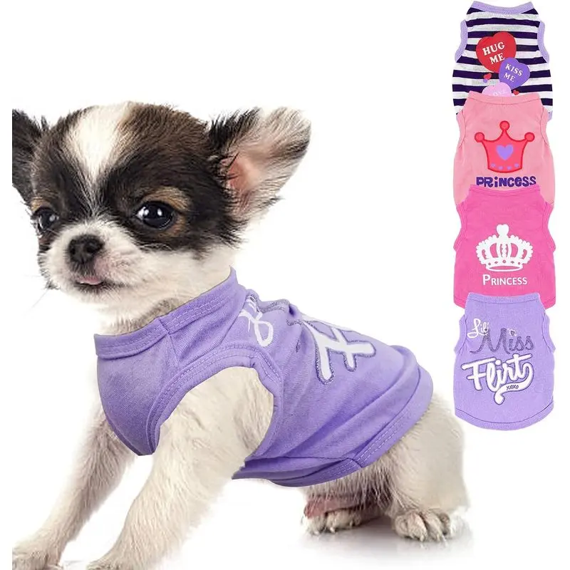 4-Pack Girl Small Dog T-Shirt Set, Casual Soft Touch Breathable Fabric Pet Clothes, Cute Pink Outfits for Chihuahua Yorkie Toy Breeds Daily Wear, XXS