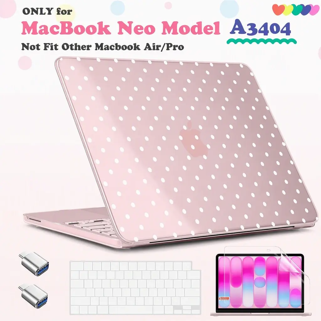 Skyfire Tc for Macbook Neo 13 Inch Case, Plastic Hard Shell, Type C Adapter, 2 Webcam Covers, Keyboard Cover, Screen Protector, Blush Polka Dot, Macbook Accessories