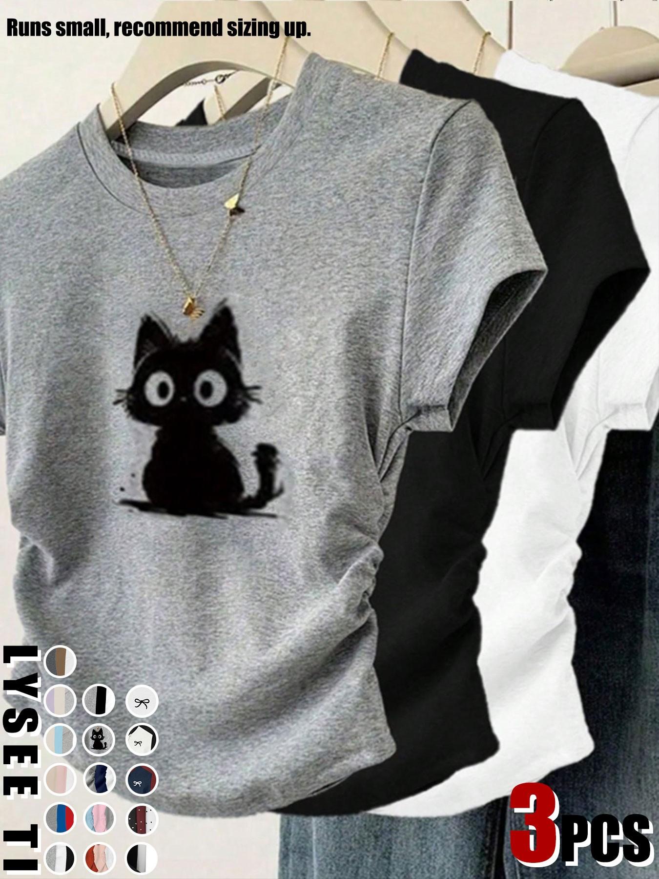 3pcs/1pc women's casual fashion slim fit small bow print details simple solid color pleated pullover shirt women's round neck short sleeved three piece T-shirt