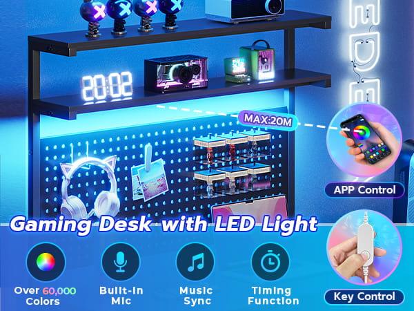 SEDETA L-Shape Gaming Desk Computer Desk with LED Lights Hanging Panel and Drawer with Brackets and Storage Shelves Home Office Corner Desk Modern