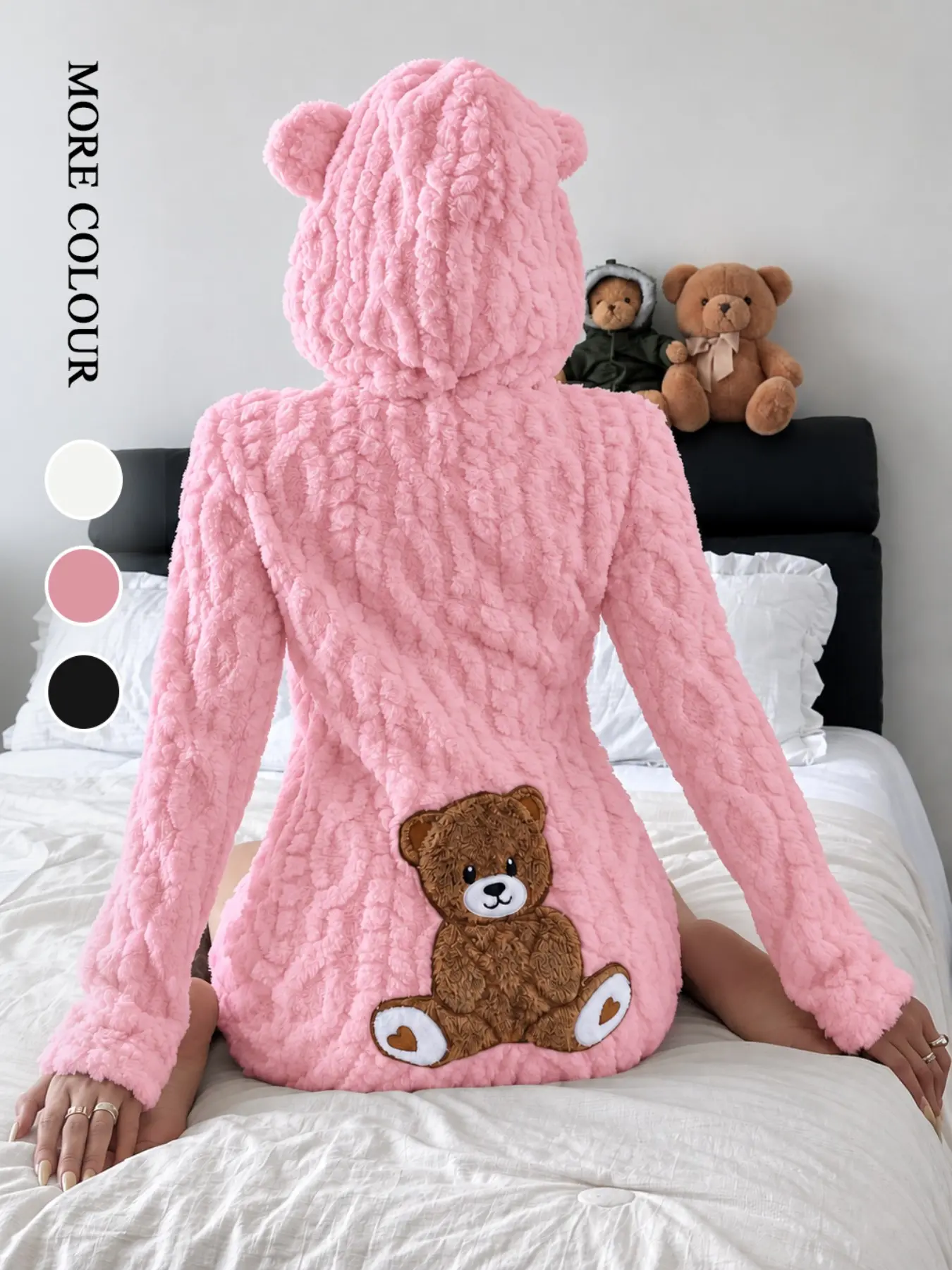 Women's Cute Bear Ear Hooded Fluffy Robe, Twisted Texture Cartoon Loungewear Bathrobe