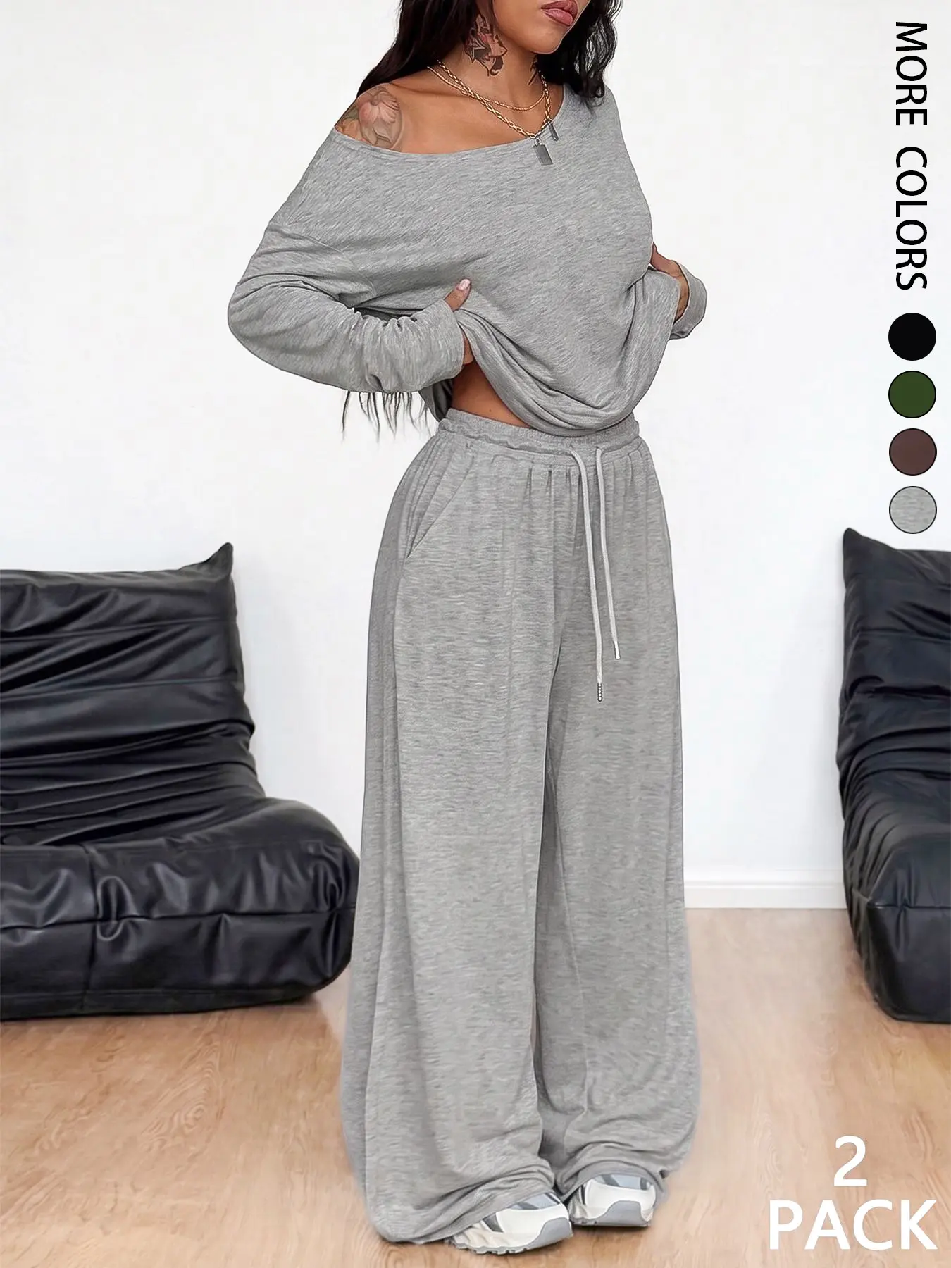 2pcs/Set Women's Minimalist Basic Casual Daily Wear Going Out Sport Comfortable Off Shoulder Long Sleeve T-Shirt And Wide Leg Pants Two Pieces Outfits