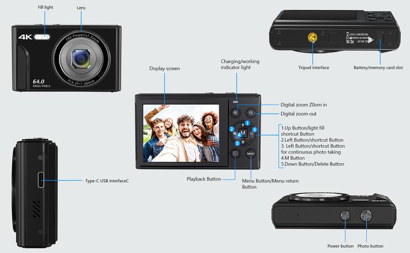 Multi-functional 4K & 64MP Digital Camera, Auto Focus Digital Camera, 16x Digital Zoom Cameras, Compact & Portable Mini Camera with 2.8" IPS Screen, 32G Memory Card and 1200 mAh Battery for Teens & Beginners, Seniors, Perfect Gifts for Halloween Outdoorfu