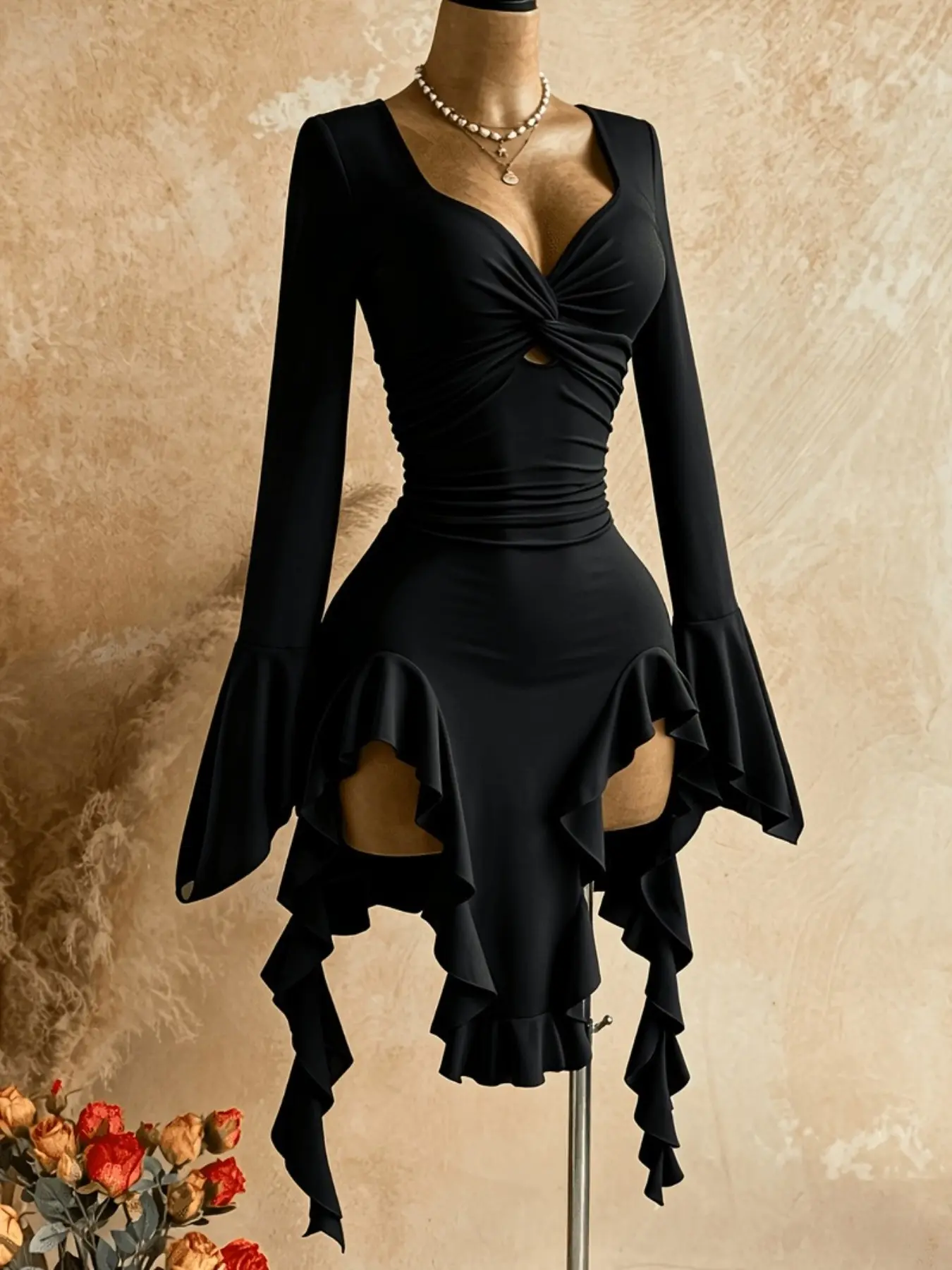 Women Deep V Twist Cutout Bodycon Mini Dress, Formal Long Flare Sleeve Ruched Waist Ruffled Irregular Hem Dress, Sexy Party Evening Night Out Dress