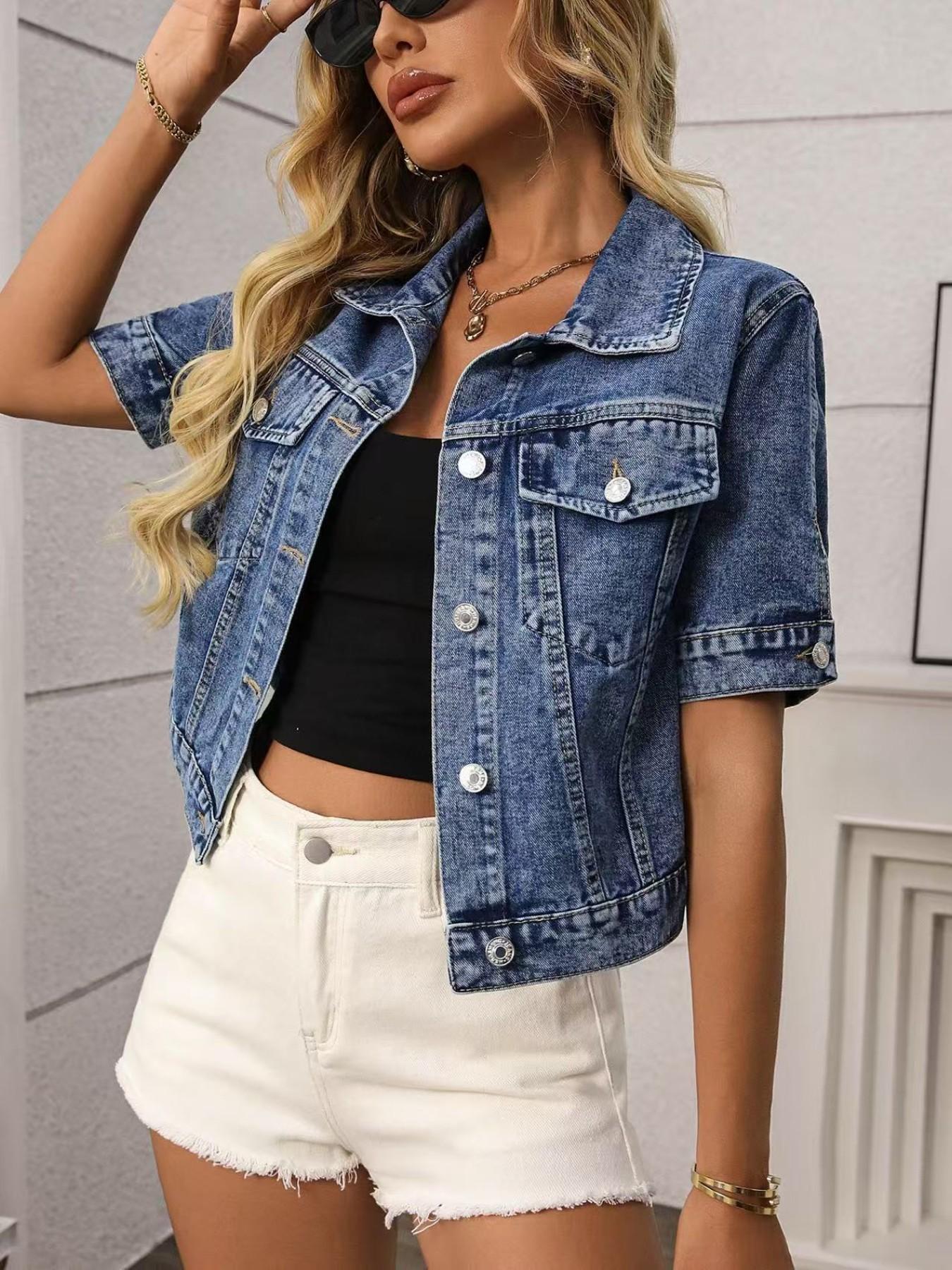 Women's Classic Short Sleeve Denim Jacket, Casual Single Button Short Denim Collar Top, Summer Outerwear, Loose-Fitting Women's Classic Short Sleeve Denim Jacket, Casual Single Button Short Denim Collar Top, Summer Outerwear, Loose-Fitting