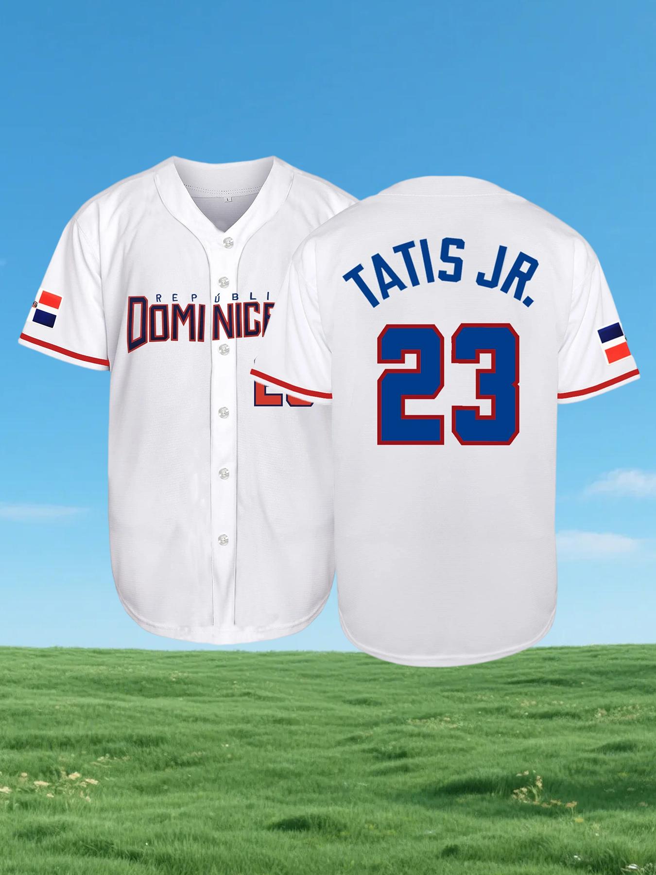 Men's Letter & Number Stitched Button Front Baseball Jersey, Stylish Jersey, Casual Loose Short Sleeve V Neck DOMINICANA 23 Baseball Top for Fall & Winter, Baseball Christmas Gifts