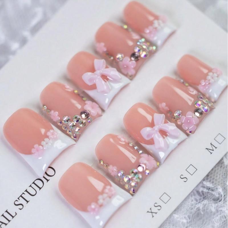 10pcs Y2K Pink And White French Press On Nails, Handmade Floral Short Duckbill Fake Nails, Stylish Acrylic Nails, Pink Bow Design, Pink And White Small Flower Decoration, Rhinestone Embellishment Nail Art, Suitable For Daily, Work, And Holiday Wear