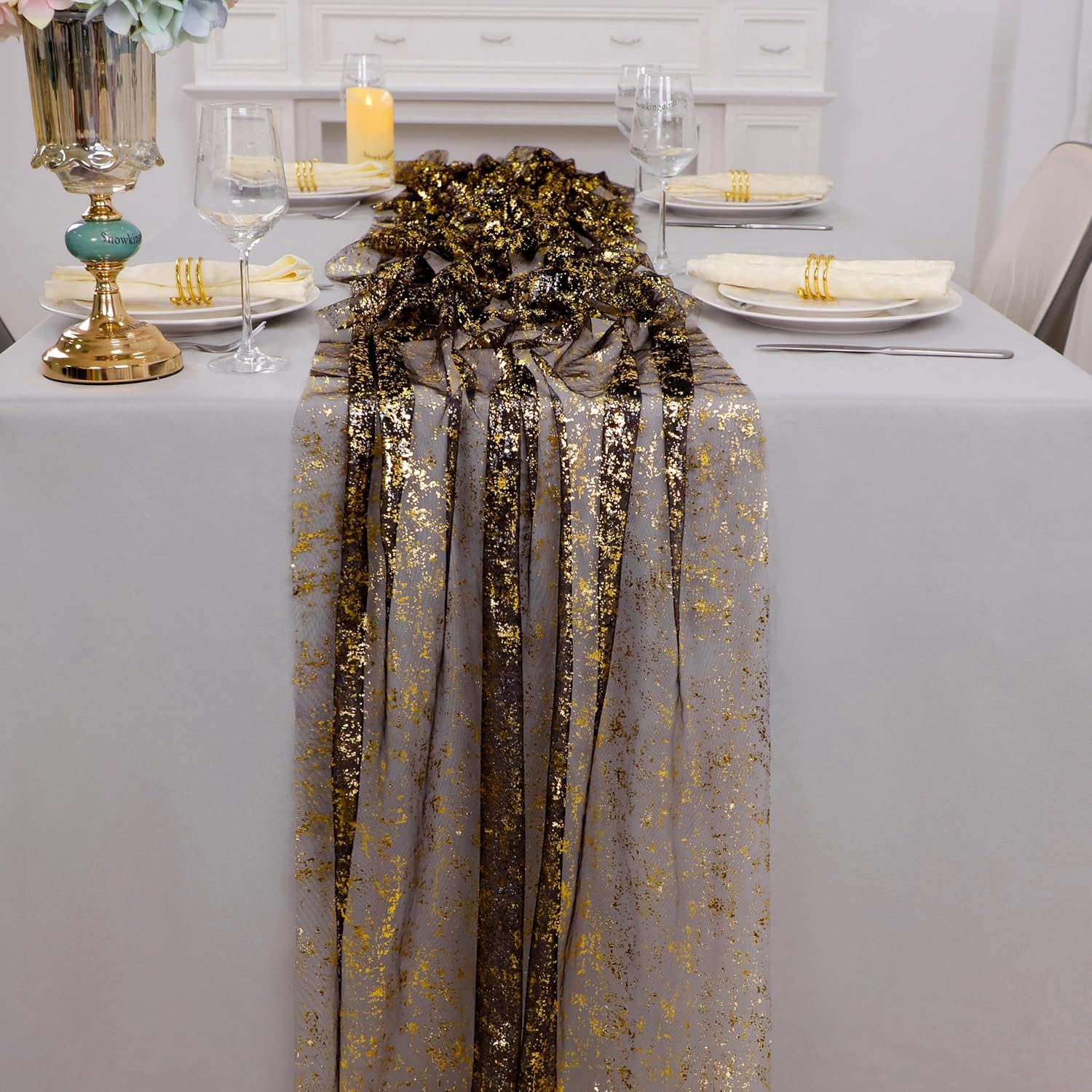 70X400CM Soft Black Gold Metallic Foil Table Runner ,Soft Sparkle Golden Foil Dining Table Decoration For Wedding Bride Shower