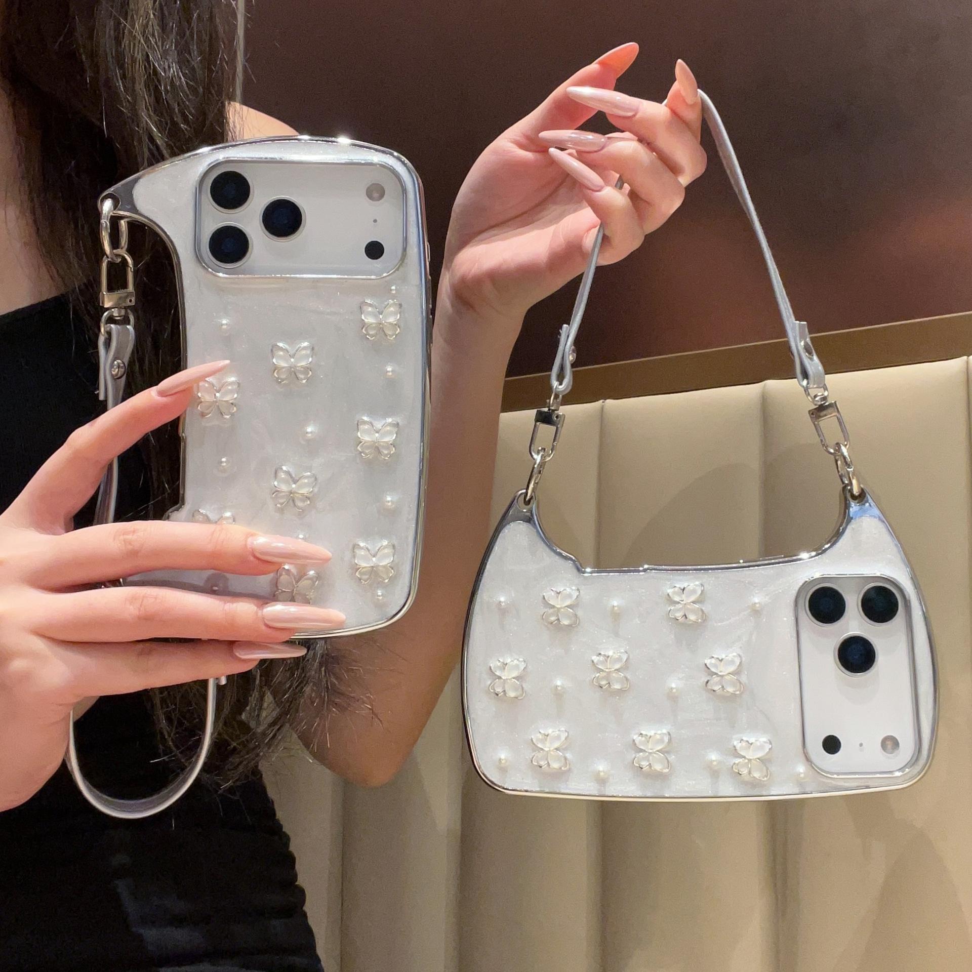 (Case & Nova) Luxury Drip Glaze Mini Handbag-Shape Chrome Case, Electroplated Frame, Pearl Butterfly Decor, Detachable Strap/Wrist Strap, Anti-Drop Shockproof Slim Hard Cover for iPhone 17 Pro Max,16,15,14,13,12,11 Cute Mobile Phone Accessory, Silicone Sh