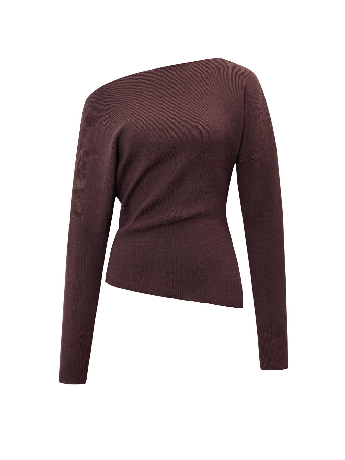 Women's Casual Fashion Asymmetrical Neckline Long-Sleeve Sweater, Slim-Fit Thin Knit Top for Fall, Plain Design Knitwear