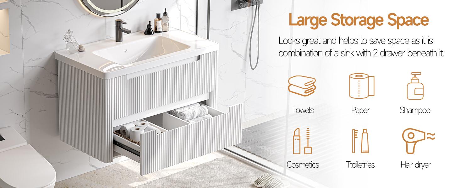 【SPOTLIGHT DAY】ONBRILL Modern Bathroom Vanity with Sink Combo, Curved Floating Bath Vanity with 2 Soft Close Drawer, Wall Mount Bathroom Vanities with Integrated Ceramic Sink for Small Space, Apartment