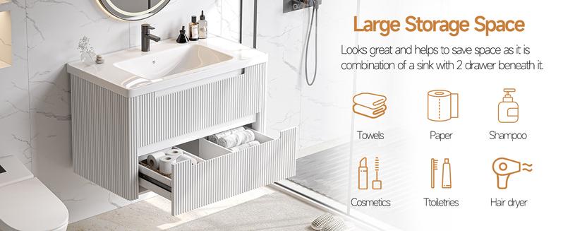 【Valentine's Day gift】ONBRILL Modern Bathroom Vanity with Sink Combo, Curved Floating Bath Vanity with 2 Soft Close Drawer, Wall Mount Bathroom Vanities with Integrated Ceramic Sink for Small Space, Apartment