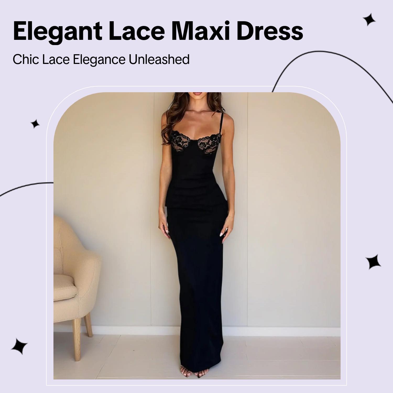 Women's Plain Contrast Lace Split Thigh Spaghetti Strap Cami Bodycon Dress, Elegant Sweetheart Neck Sleeveless Maxi Dress for Party Club Dating Wear, Formal Wear Ladies Summer Clothes