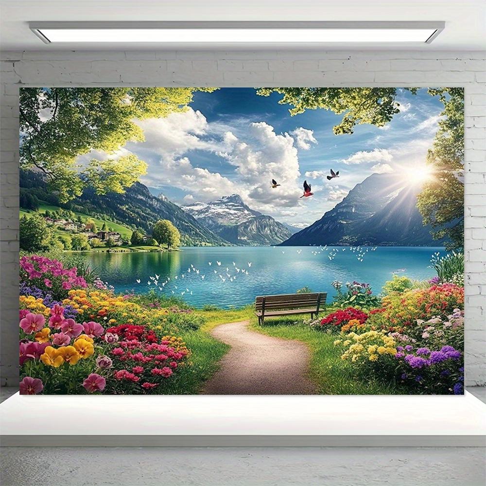Sunrise Lakeside Floral Scene - Photography Backdrop - large Size Photographic Cloth, Outdoor and Indoor Party Banners, Perfect for Holiday Parties, Home Decor & Studio Props, Garage Door Hanging