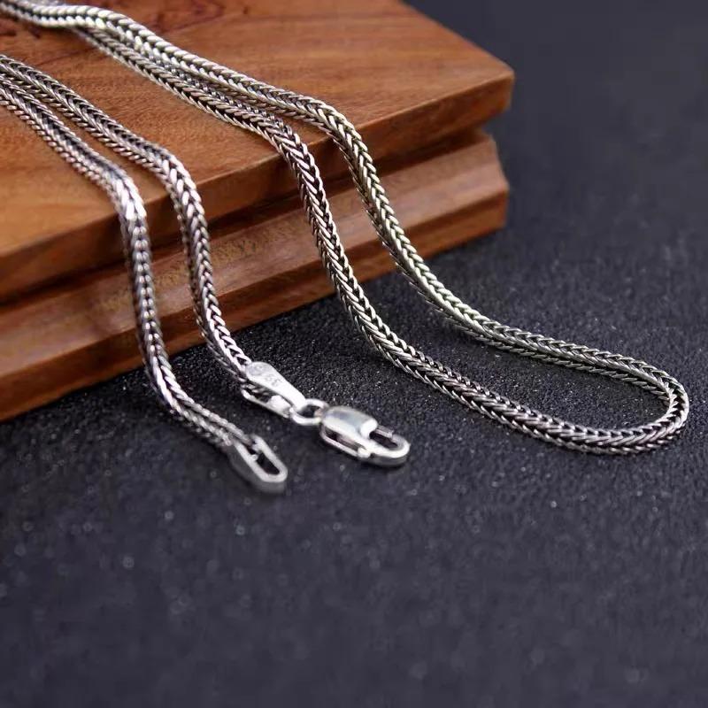 Pure S925 Sterling Silver Bright Classical Chopin Link Weave Fox Tail Pendant Chain Necklace 1.6mm Thick Men Woman Fine Jewelry