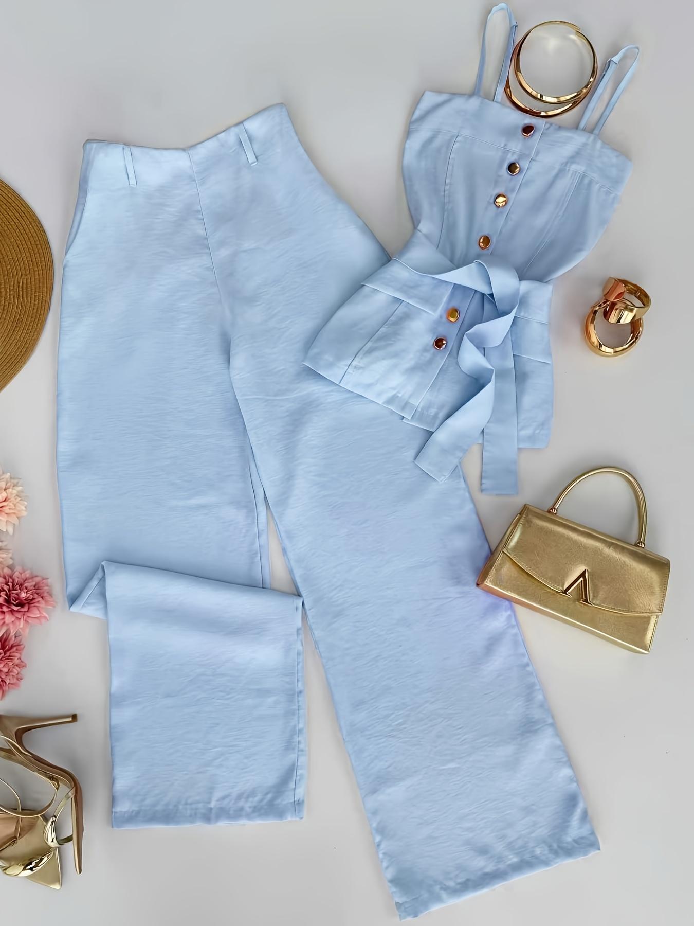 New Women's Solid Color Strappy Top & Long Pants Two-Piece Set, Versatile Casual Wear, Comfortable and Stylish, Perfect for Daily Use