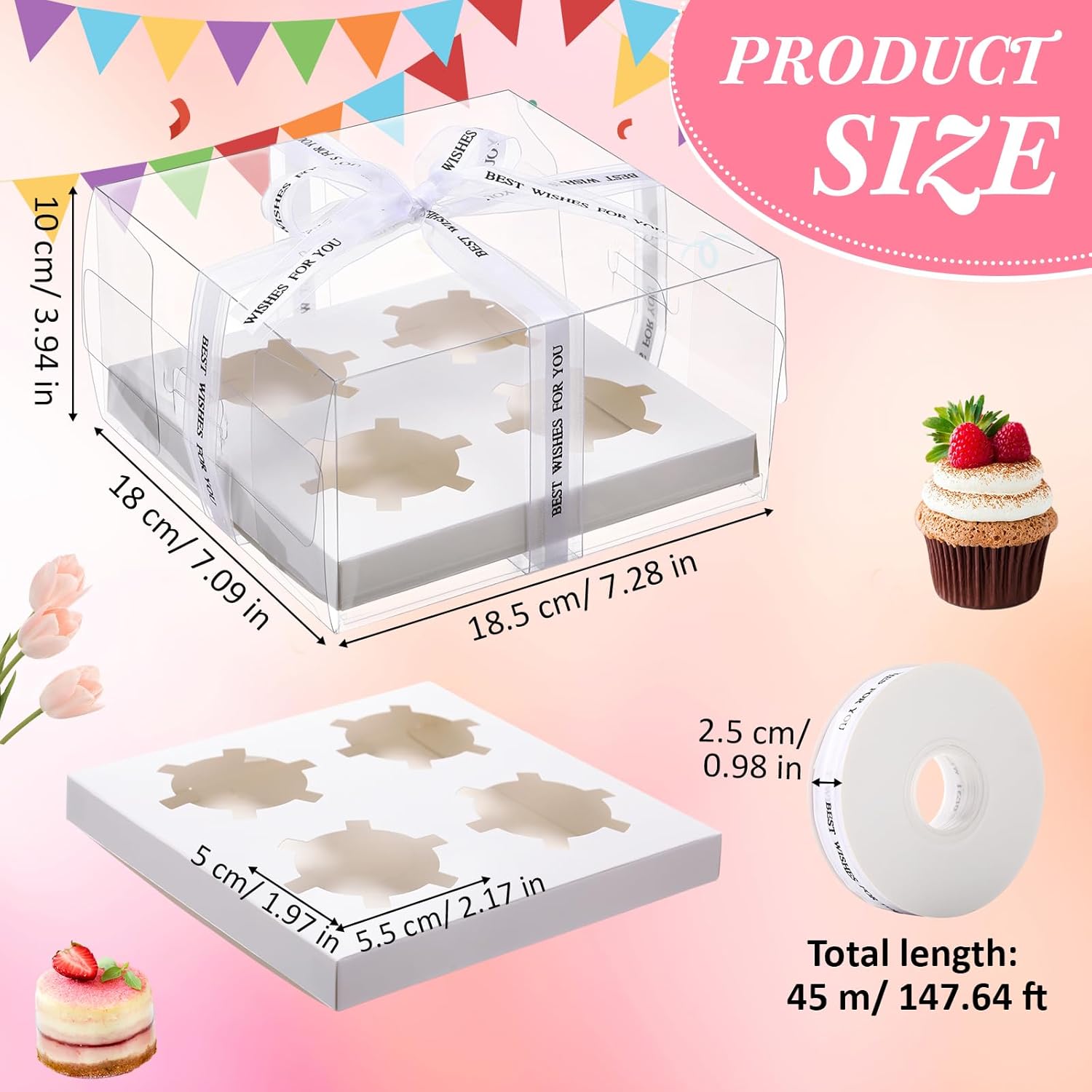24 Pack Mother's Day Cupcake Boxes Set, 4 Count Cupcake Containers with Ribbon Clear Muffin Boxes with Inserts Plastic Cake Carrier Holder for Treat Dessert Cookies Pastry Party Supplies