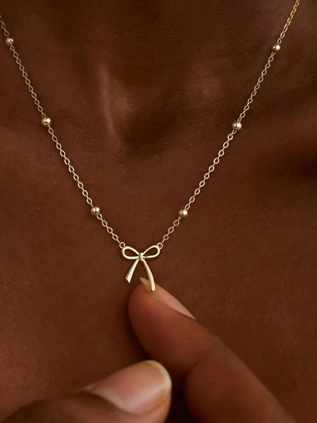 Clean Girl Aesthetic Necklace, Delicate Bow Necklace, Gold Plated Cute Choker, Small Bow Pendant Charm, Teenager Gift