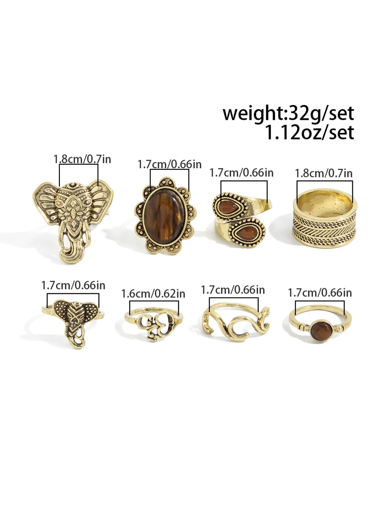 8-Piece Vintage Gemstone Ring Set, Metal Elephant Joint Rings, Punk Style, All Seasons, Perfect Gift, Streetwear Jewelry