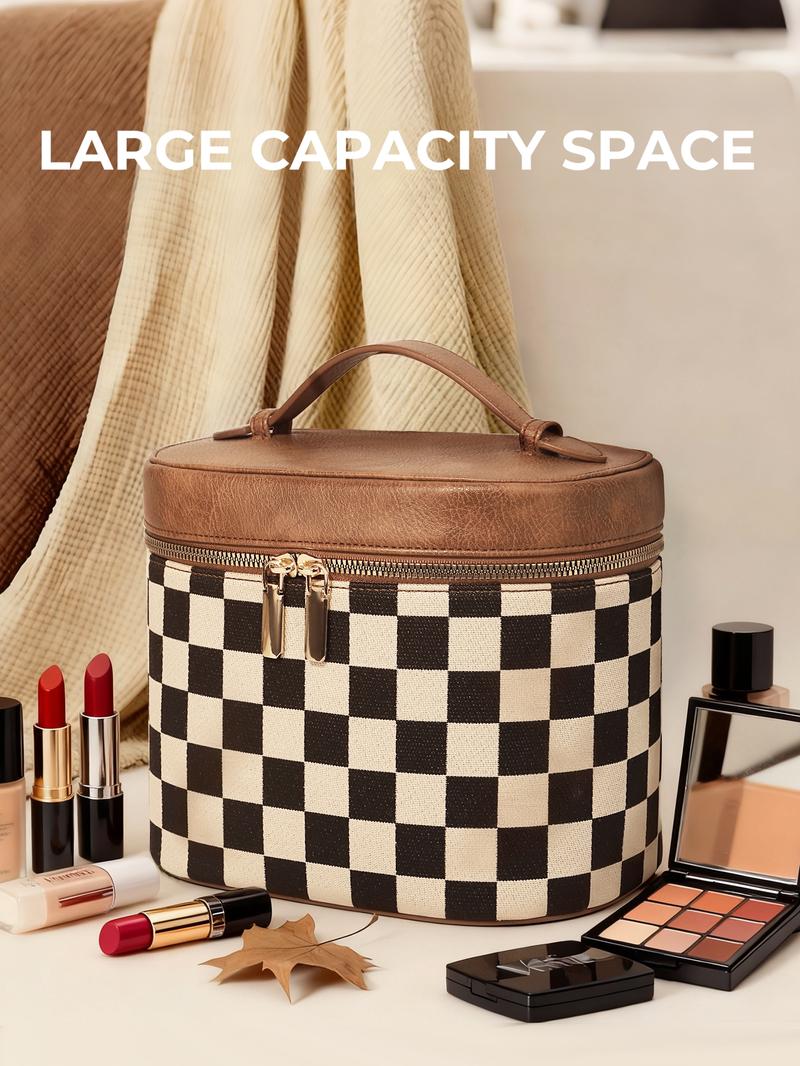 Fashion Checkered Makeup Bag Vanity Case for Women Leather Cosmetic Bag Travel Toiletry Bags Portable Makeup Organizer Case