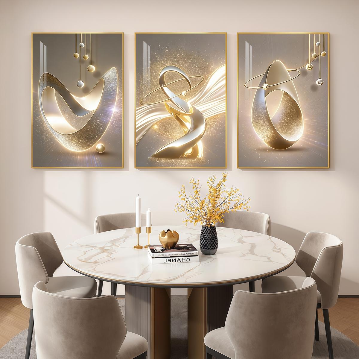 3 Counts Aluminum Alloy Framed Painting, Golden Abstract Sculpture Art Pictures, Home Decoration For Living Room, Bedroom, Office, Restaurant, Hallway Wall Decor, Odorless Print Artwork, Luxury Perfect Gift For Friends And Family