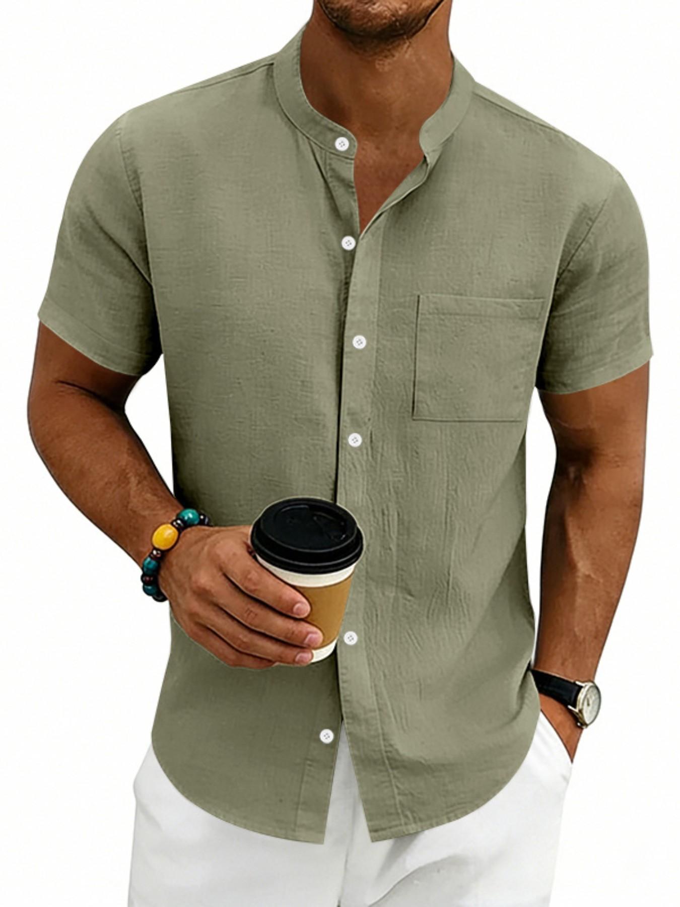 American Summer Linen Casual Men's Hawaiian Shirt, Simple Retro Stand Collar Short Sleeve, Comfortable and Stylish Summer Wear