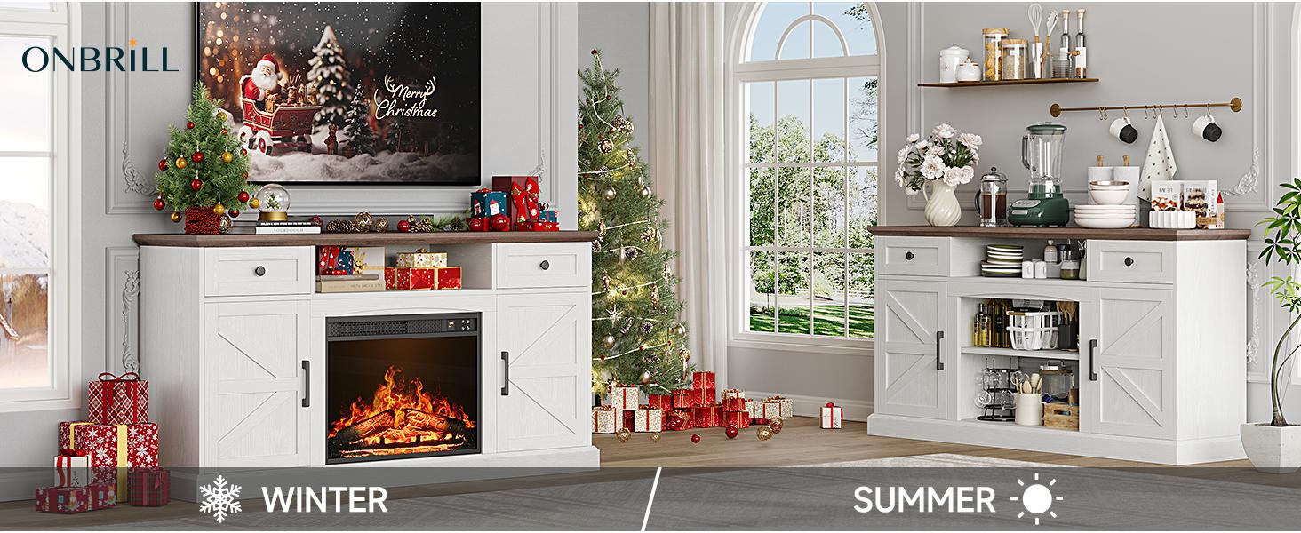 【Include 23" Electric Fireplace】ONBRILL 63"/70" Gorgeous Fluted Fireplace TV Stand for TVs up to 70", Modern Entertainment Center with Power Outlet , TV Media Console with Storage for Living Room, Bedroom Furniture,Christmas Gift