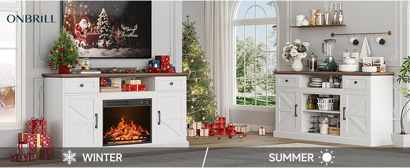 【Include 23" Electric Fireplace】ONBRILL 63"/70" Gorgeous Fluted Fireplace TV Stand for TVs up to 70", Modern Entertainment Center with Power Outlet , TV Media Console with Storage for Living Room, Bedroom Furniture,Christmas Gift