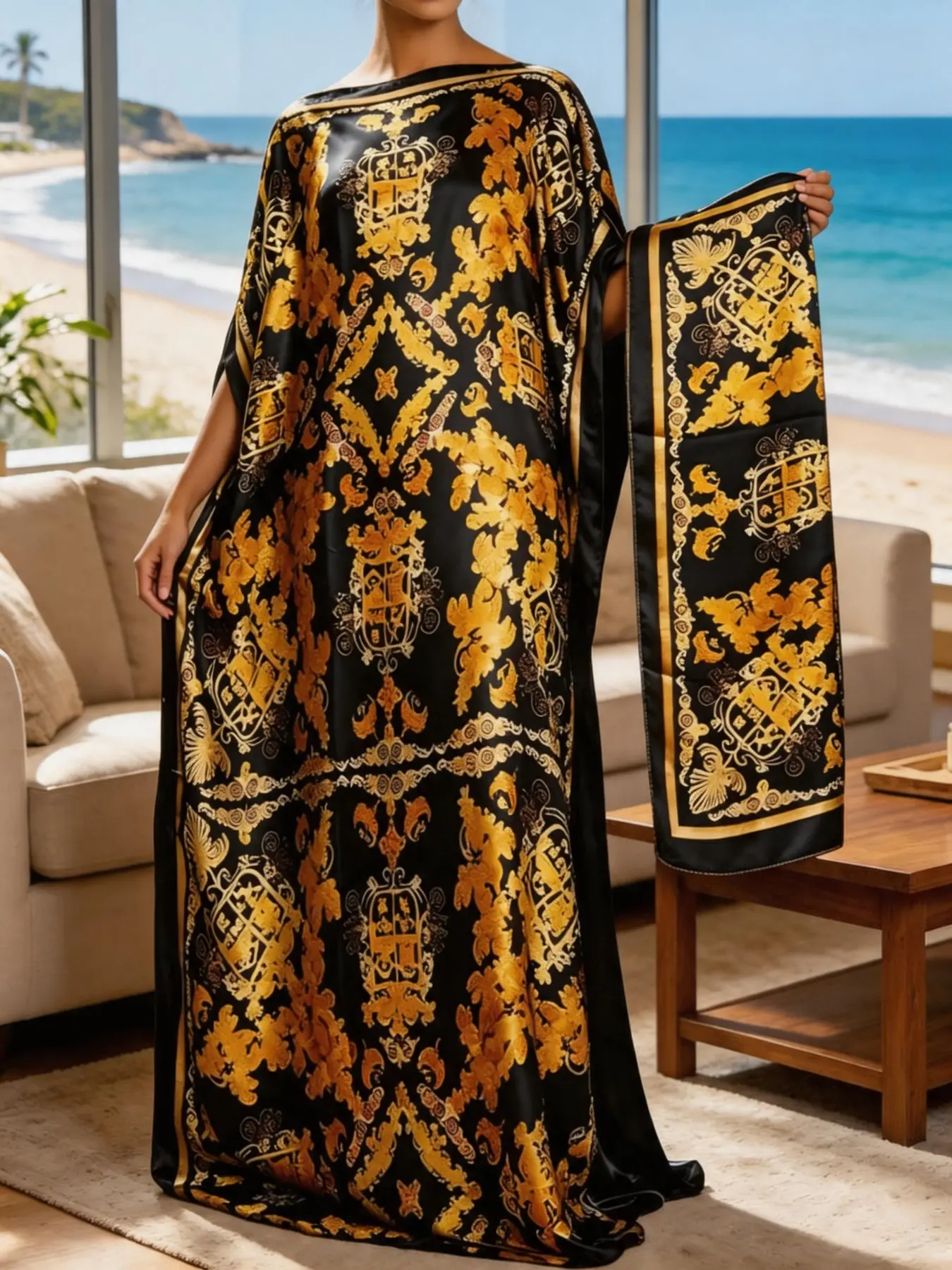 Women's Gold Baroque Ethnic Print Maxi Kaftan Dress, Ethnic Pattern Kaftan, 2 Piece Set with Headscarf, Lightweight Beach Cover Up, Loungewear Pajama