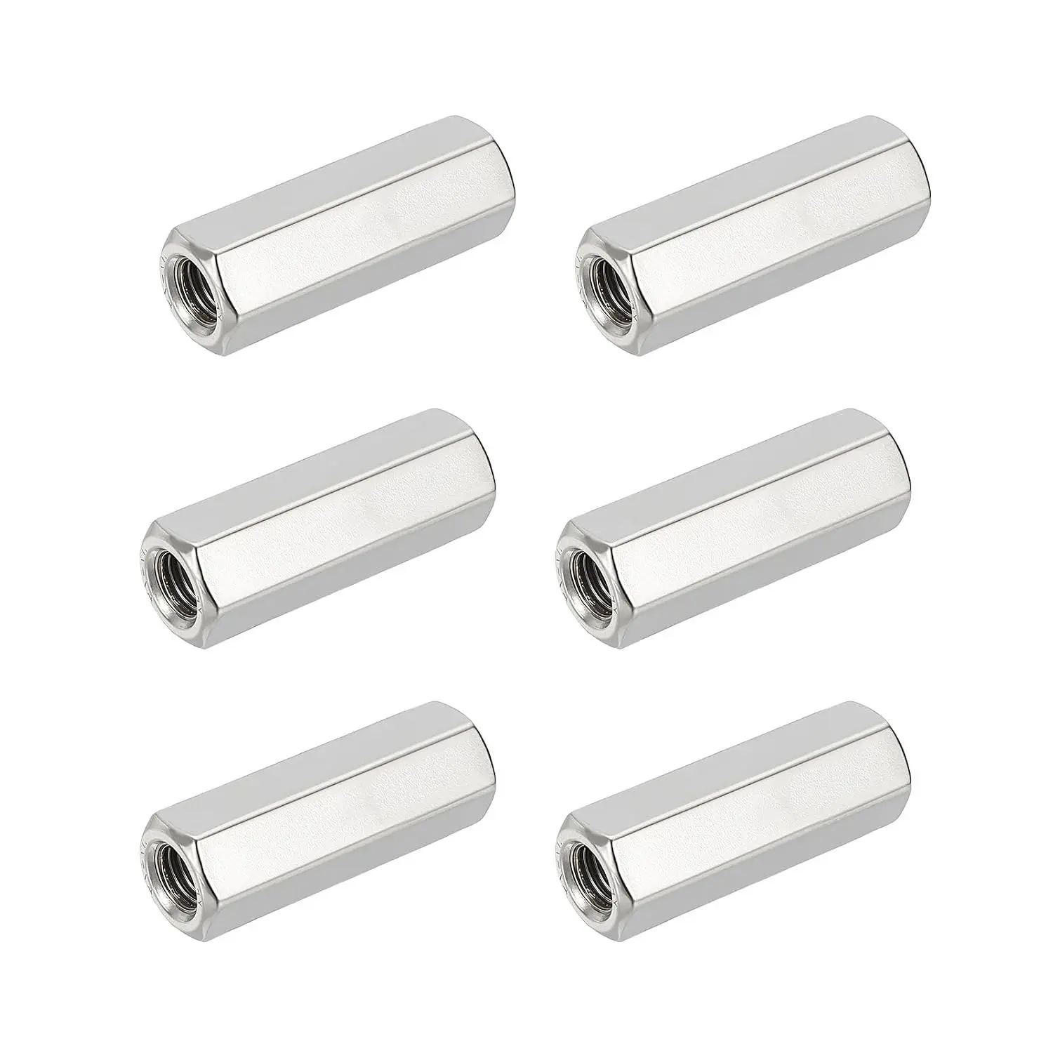 6Pcs 304 Stainless Steel Hex Coupling Nuts Hex Nuts Set, 3/8-16 UNC Thread 50mm/1.97" Length, for Threaded Rods & Studs