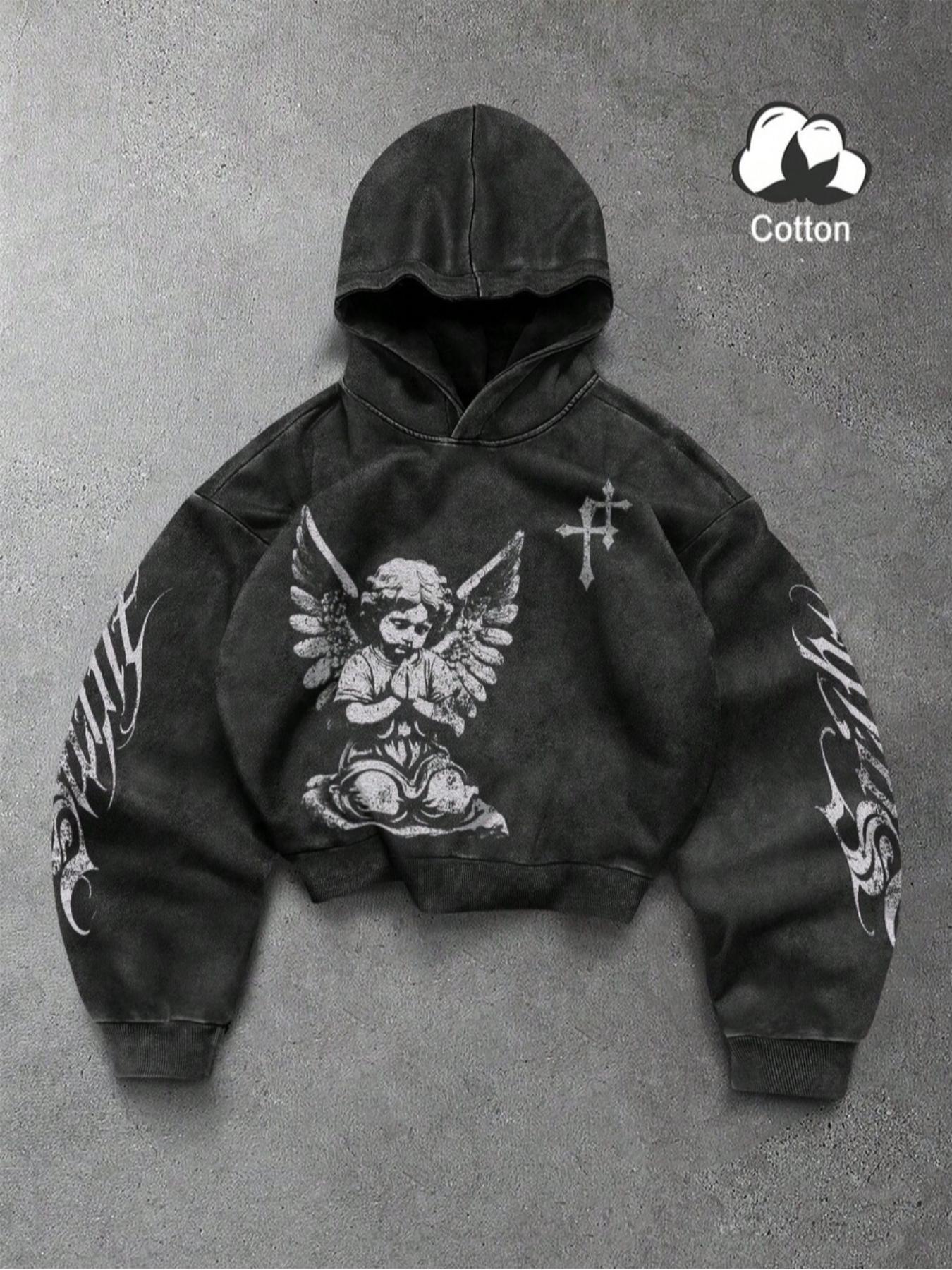 TikTok Trending Christian - Themed Cropped Hoodie, Black Vintage Style with Praying Angel and Cross Graphic Print, Made of Cotton,  Ideal for Edgy Faith - Inspired Outfits During TikTok Shop Black Friday Sales  and Christmas Gift Ideas