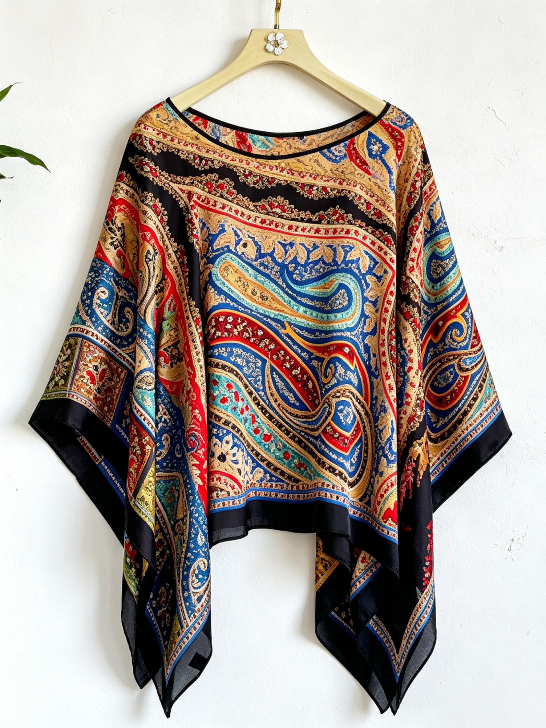 1 piece of women's chic elegant retro paisley multi-pattern pullover shawl, lightweight chiffon sun protection top for summer, oversized boho loose batwing sleeve outer cardigan, ethnic style vacation beach sun protection clothing