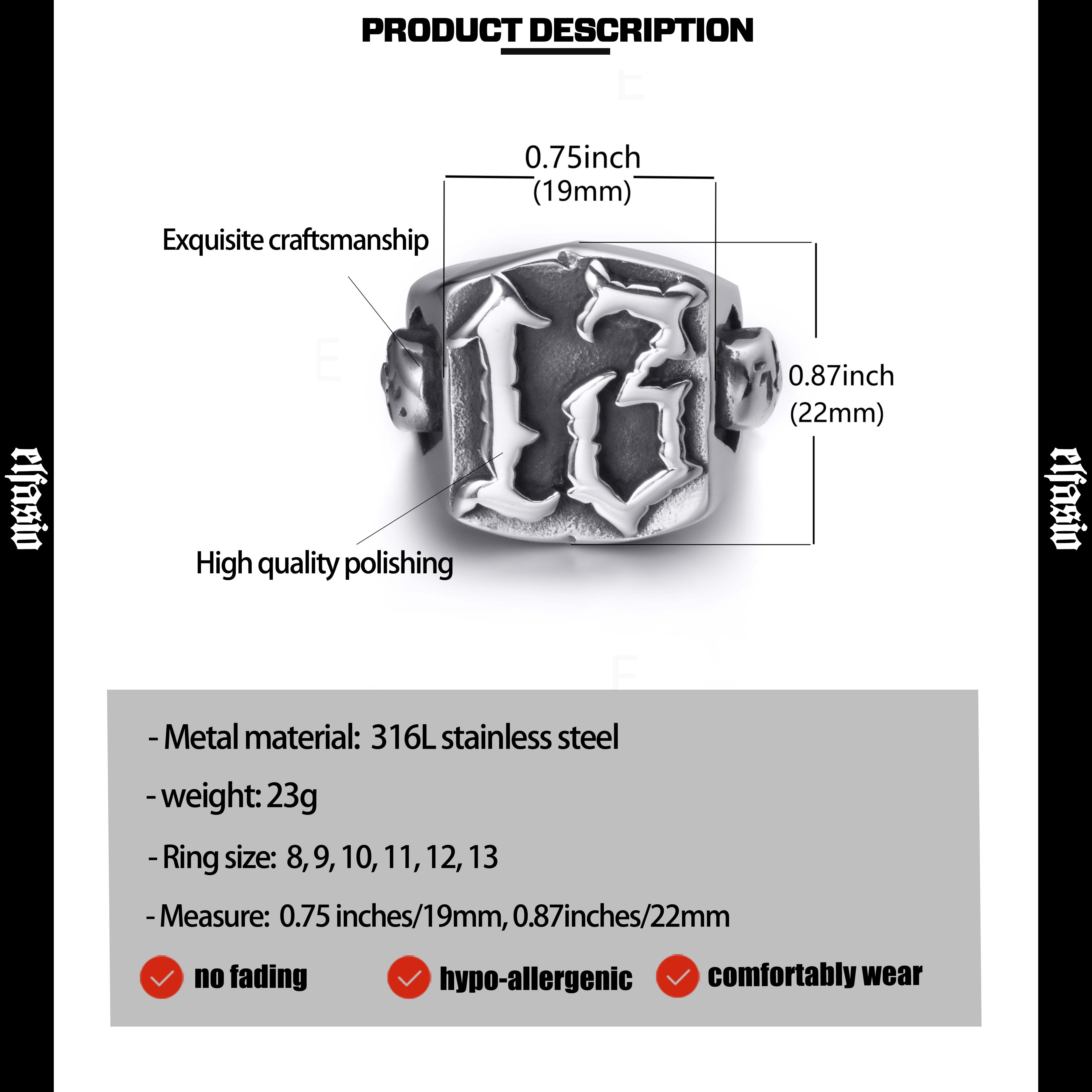 Lucky Number 13 Rings, Skull Ring for Men Gothic Punk Stainless Steel Ring Biker Skeleton Ring Cocktail Party Jewelry