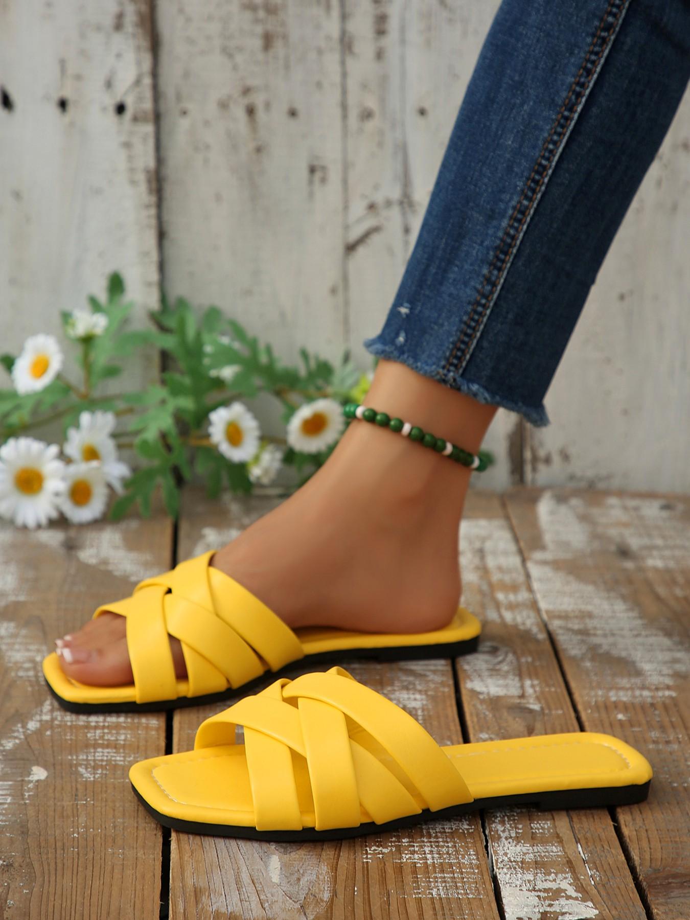 Women's Flat Square Toe Cross-Over Braided Slip-On Shoes, Comfortable Outerwear Footwear, Stylish and Practical Design for Daily Wear