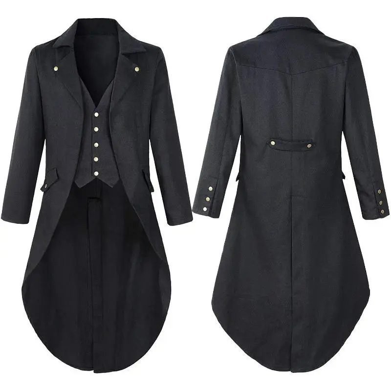 Men Retro Tailcoat Suit Jacket Halloween Costumes Long Jacket Victorian Frock Coat Cosplay Male Single Breasted Swallow Uniform
